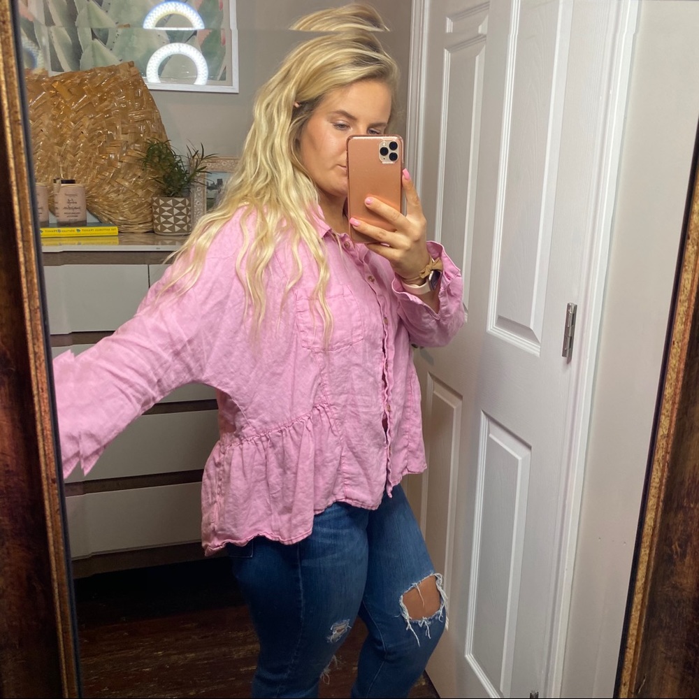 Anthropologie Holding Horses Top L pink chambray